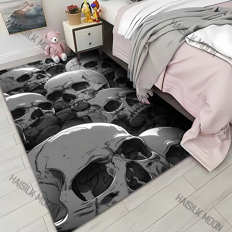 Black Art Skull Printing Carpet for Living Room Bedroom Bedside Floor Mat Sofa Table Area Rugs Home Decor Halloween Gift