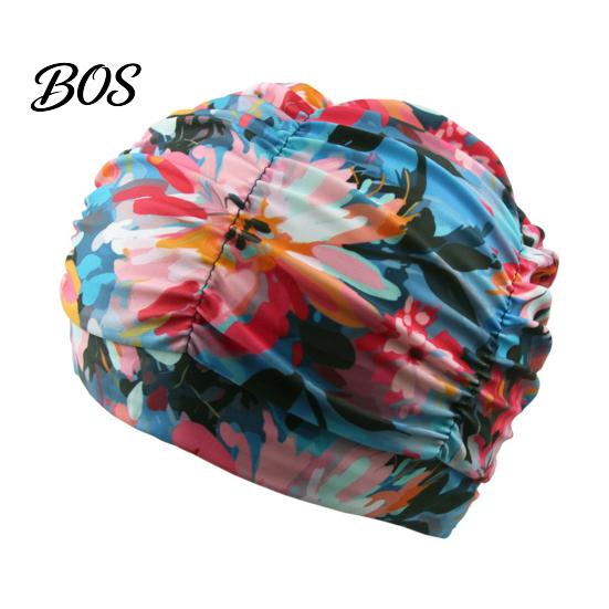 Soft Swim Cap Cloth Swimming Pool for Women, Breathable Colorful Ruffle Loose Fit Cap, Elastic Ear Protection Short Long Hair Bathing Hat