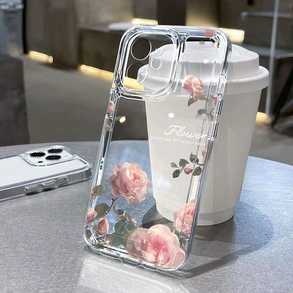 Clear Phone Case For iPhone 17 17E 16 16E 15 14 13 12 11 Air Pro Max Plus Pink Rose Flower Clear Soft TPU Shockproof Cute Cover