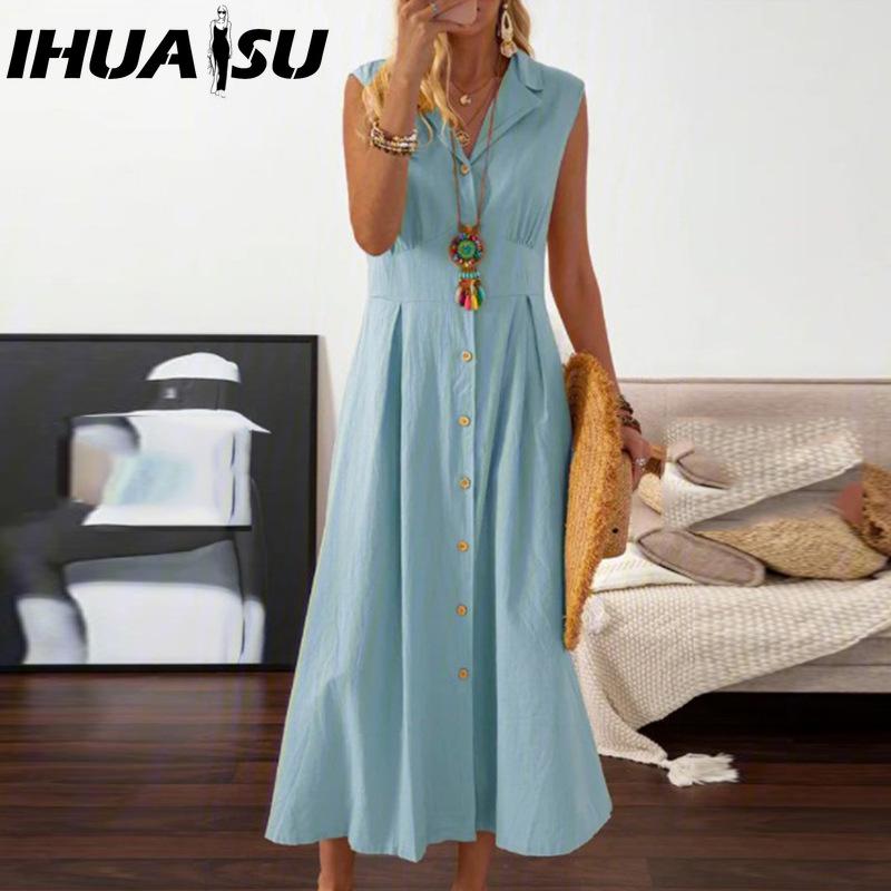 

IHUASU Платье А-силуэта Элегантное Платье Красавицы Однобортное Длинное Платье с Широким Подолом Однотонное XXL синий