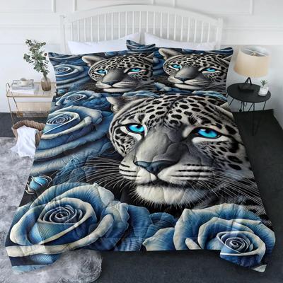 3-teilige Bettwäschesets Blaue Rose Schneeleopard Schwarze Frau mit großen Ohrringen Bettset Bettdecke mit Bettdecke & 2 Kissenbezügen