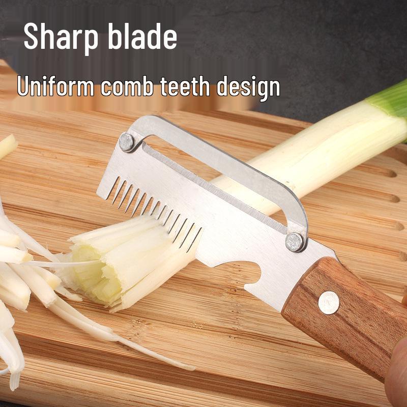 3-in-1 Stainless Steel Onion Slicer & Peeler with Wooden Handle