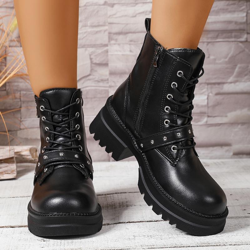 Plus Size 42 Autumn Winter Combat Boots for Women Fashion Chunky Heel Platform Ankle Boots Woman Black PU Leather Punk Booties