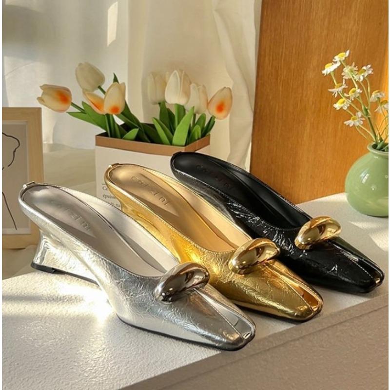 New Leather Elegant Temperament Metal Buckle Fish Mouth Slippers Fashionable Flat Shoes Cool Slippers Summer High Heel Pumps