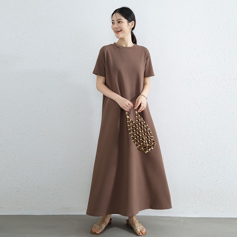 Plus Size Slimming Short Sleeve Dress Round Neck Over the Knee Temperament Long Dress Loose Idle Style Big Hemline Belly Covering Casual Skirts