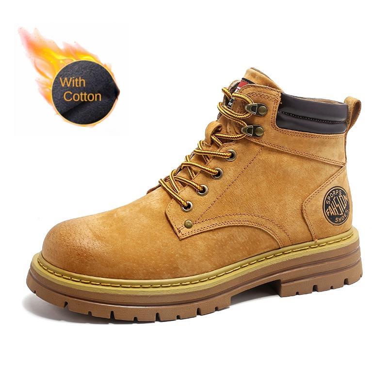 Hot Selling Street Fashion Work Boots Winter Thick Soled Yellow Men's High Top Shoes Warm Plush Men's Outdoor Hiking Shoes