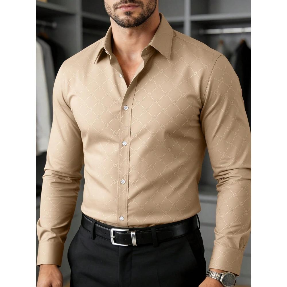 Light Luxury Dark Patterned Diamond Shaped Men's Shirt, Silky Slim Fit Shirt, European and American High-end Dark Printed Shirt