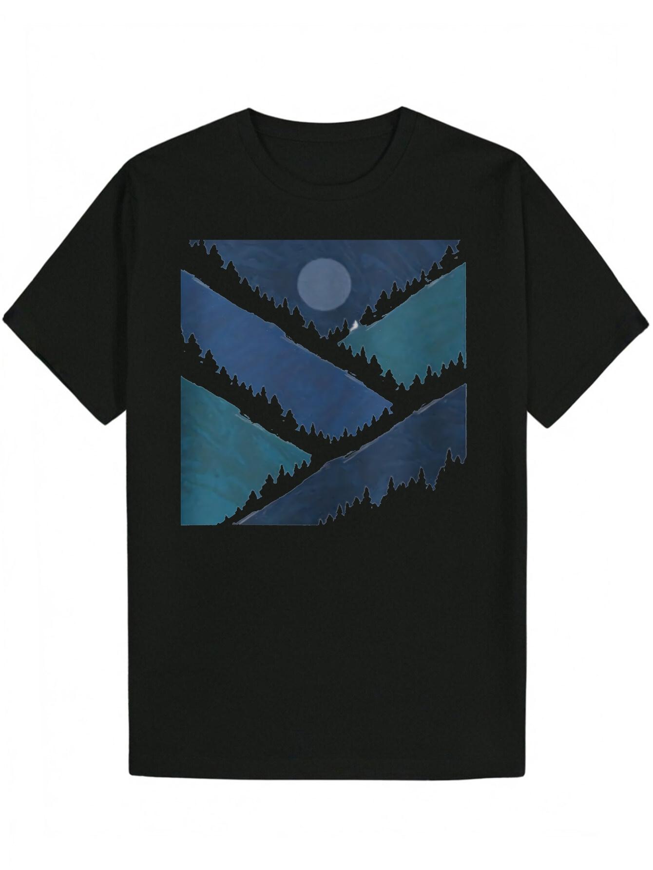 Crew Neck Polyester Graphic T-shirt - Abstract Mountain Landscape Design S