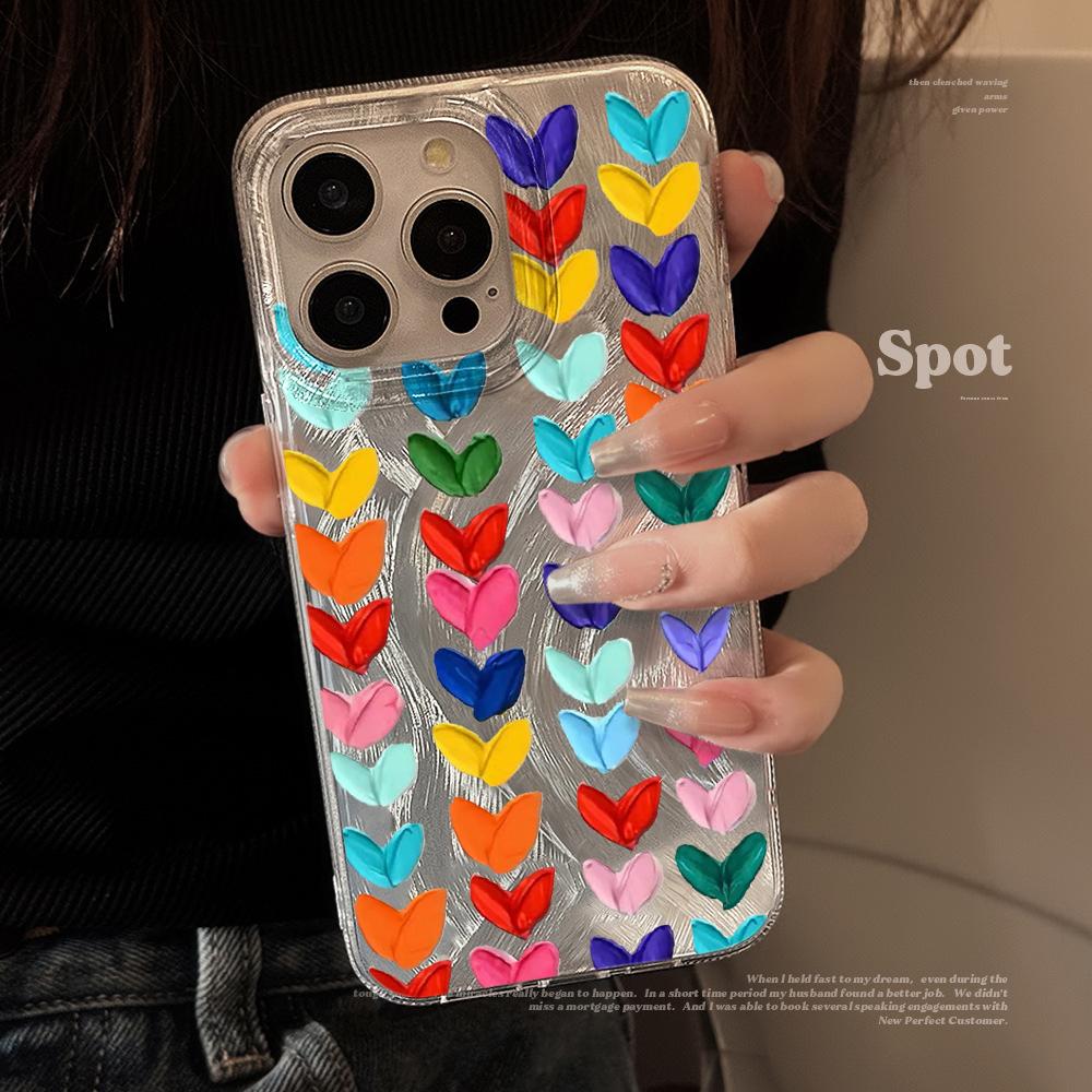 

Hand-Painted Colorful Hearts Case For iPhone 16 17 Pro Max Cases iPhone 11 12 13 ProMax 14 15 Plus 8 XS XR Shockproof Drop Cover iPhone 7