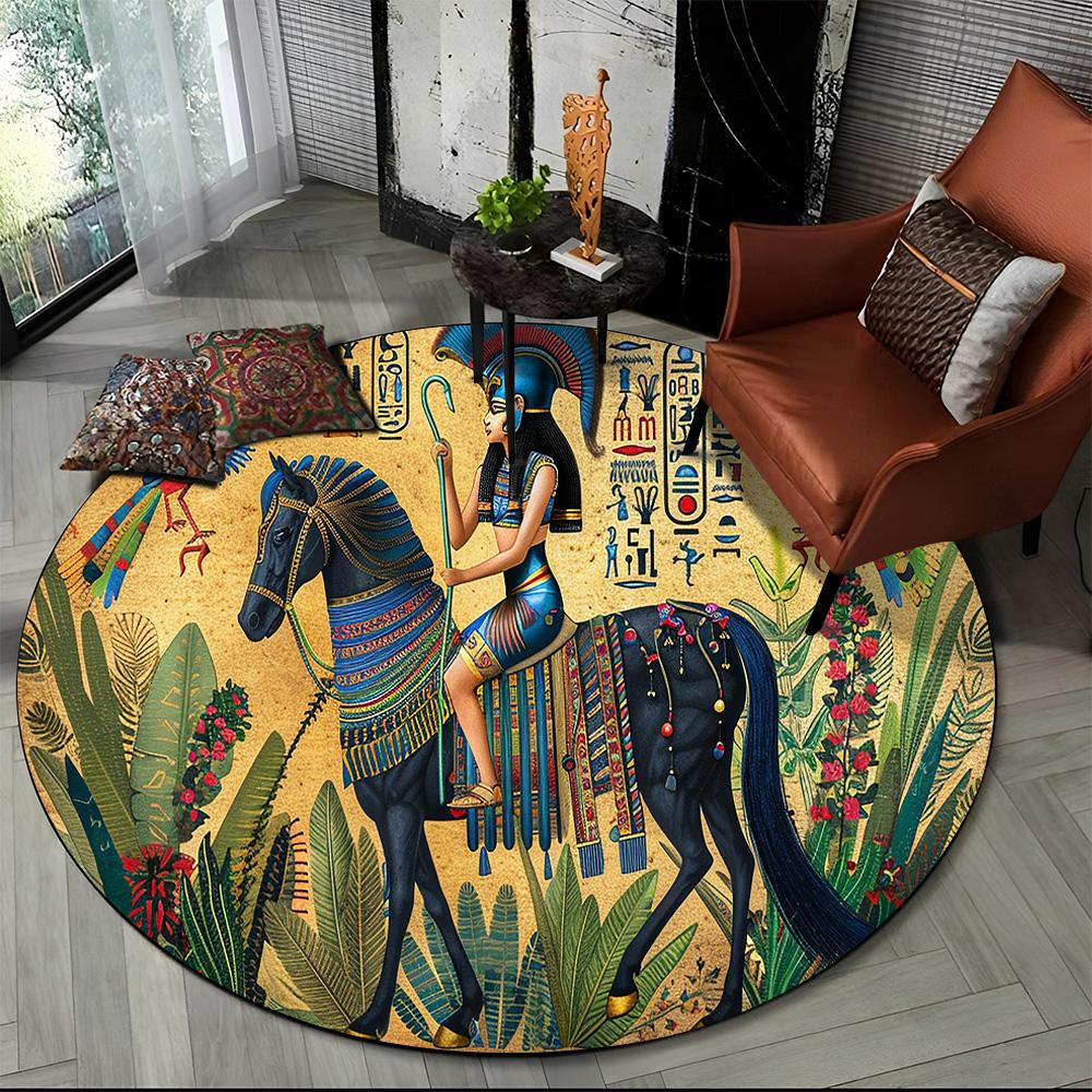 2025 New Ancient Egypt Hieroglyphic Mythology Wall Painting Glyph Round Carpet Rug for Bedroom Living Room Sofa,Decor Floor Mat