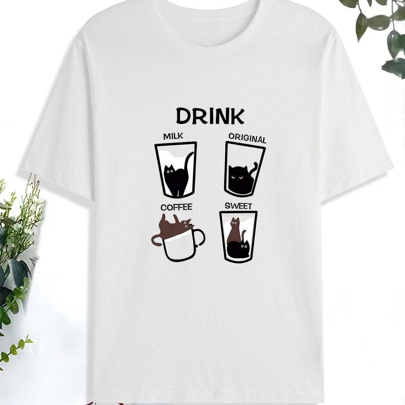 Cute Cat Drink Milk Coffee Print Graphic Tee Soft Casual Short Sleeve TShirt for Men S