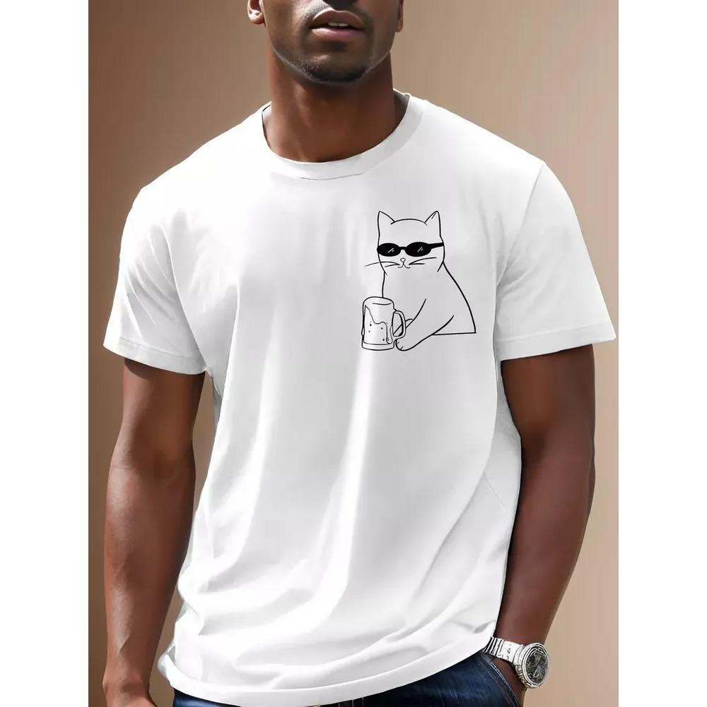 Minimally Drinking Cat Print Pattern Men Summer Cotton T-shirt Fashionable Comfortable Soft Breathable Casual Loose Versatile T-shirt