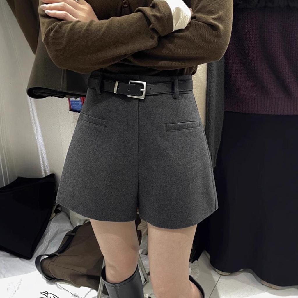 Women's Gray Wool Blend High Waist Bootcut Pants for Autumn/Winter - Loose Fit, Wide Leg, Straight Cut.