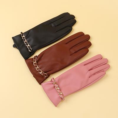Winter Chain Warm Waterproof Leather Gloves Pu Plus Velvet Windproof Cycling Gloves Simple Touch Screen Women's Gloves