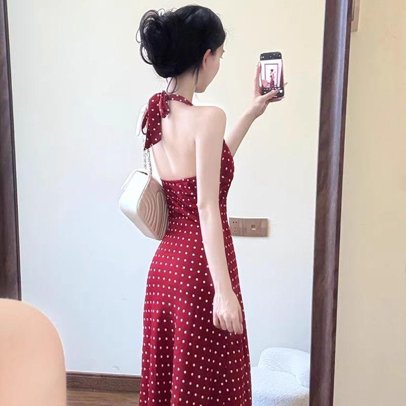 French Pure Desire Red Polka Dot V-neck Neck Dress Children's Design Halter Sleeveless Vest Long Dress Summer