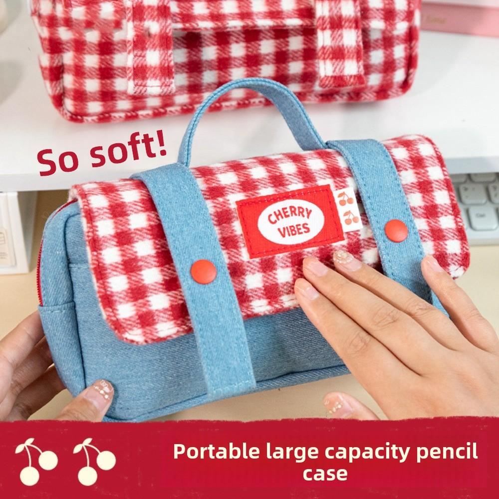 Sweet Grid Pencil Case Portable Pen Organizer Pouch Cute Stationery Organizer  Office Use