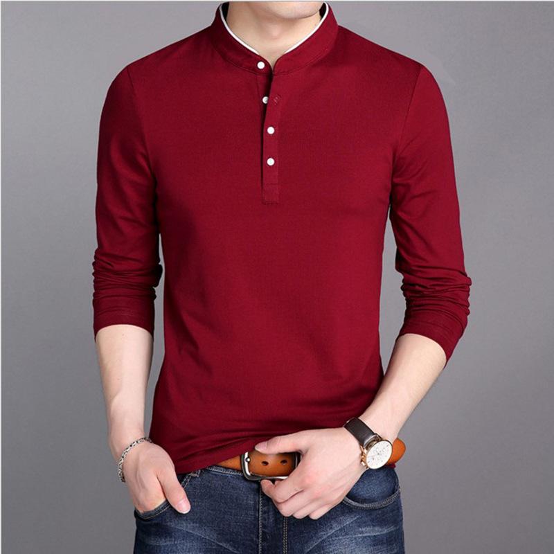 Youth Men's Trendy Long-Sleeve Stand-Up Collar Polo Cotton Shirt
