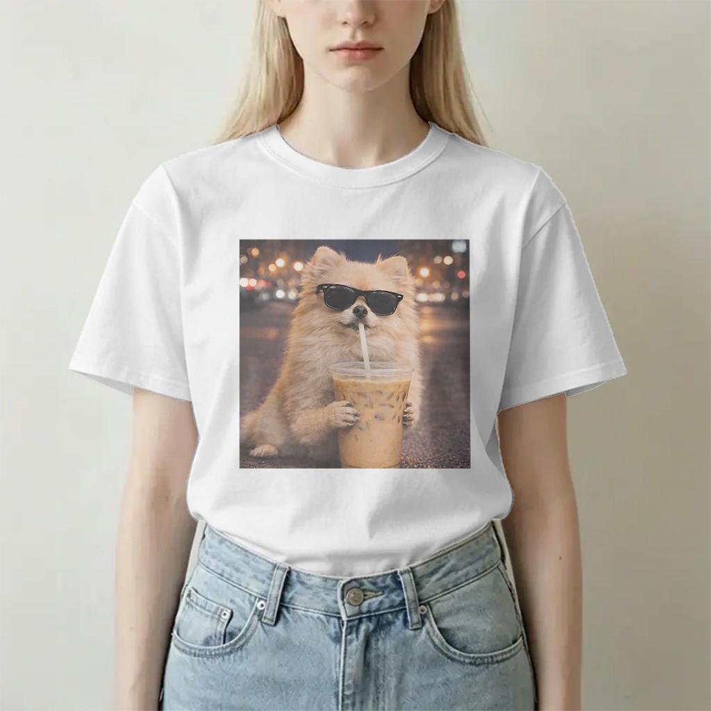 Pomeranian Trinkt Bubble Tea Unisex Unisexs T-Shirts Lustige T-Shirts Kurzarm Rundhals T-Shirt Baumwolle Druck Kleidung