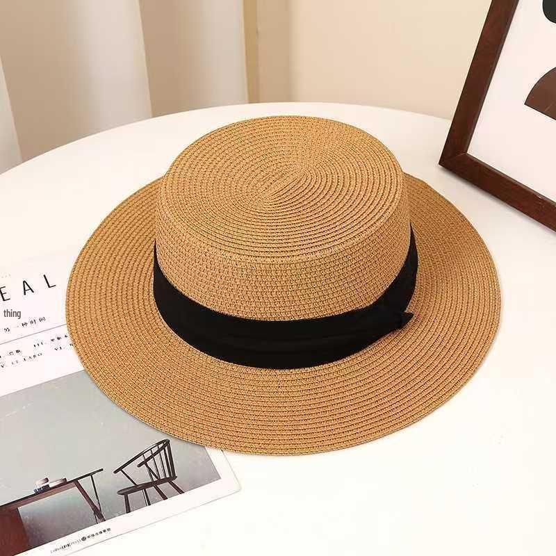 Women's Flat-Brim Straw Hat with Bow - Stylish Sun Protection for Beach & Photography Vacations