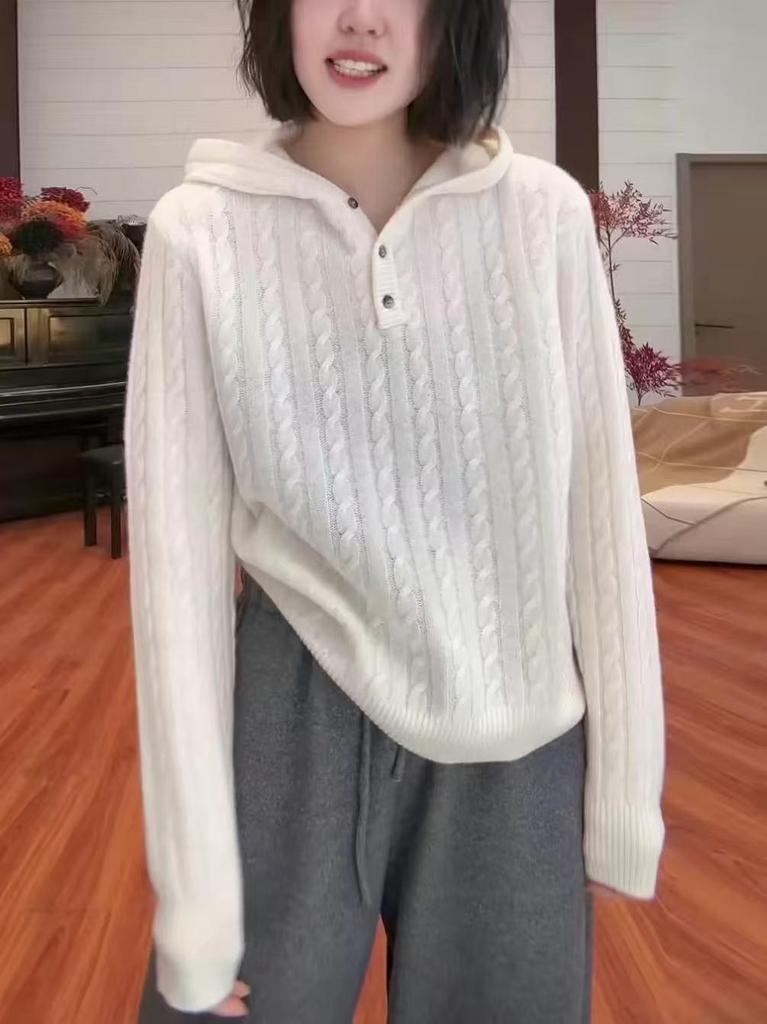 Women's Cashmere Cable Knit Hooded Wool Sweater: Henley Button, Loose Pullover for Autumn and Winter.