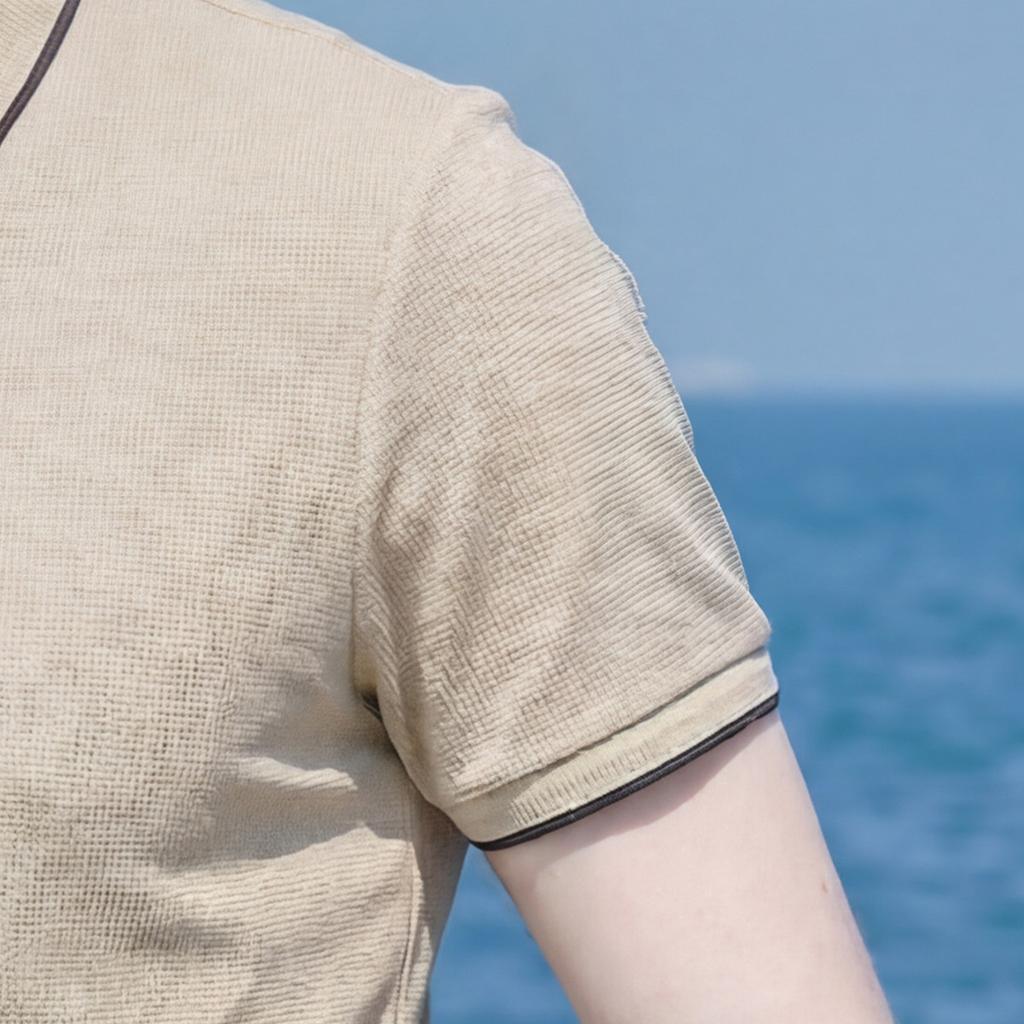 Light luxury casual summer short-sleeved T-shirt with mulberry silk and golden wool, men's zipper collar polo shirt