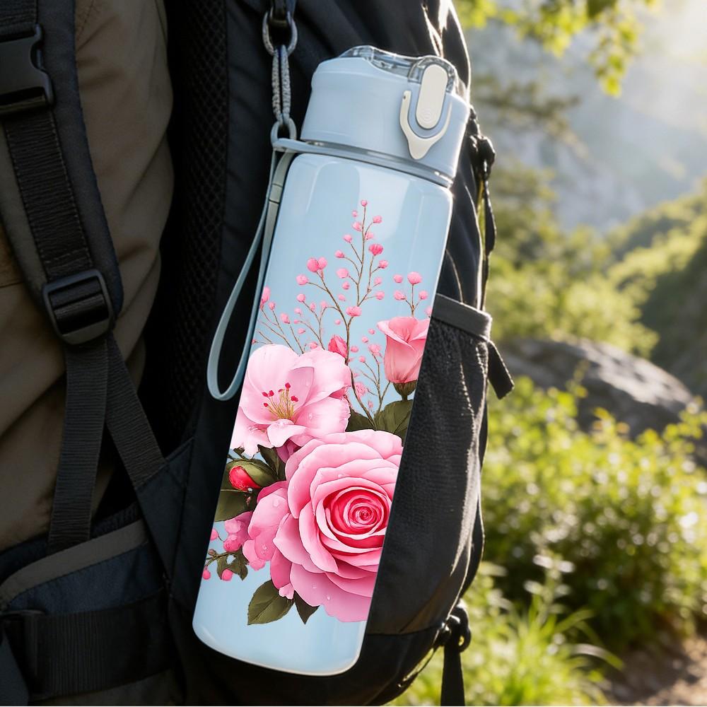 1PC Pink Rose Flower Bouquet 750ml Color Plastic Sports Water Bottle Leakproof Flip Straw Lid Suitable for Sports Office Home Use
