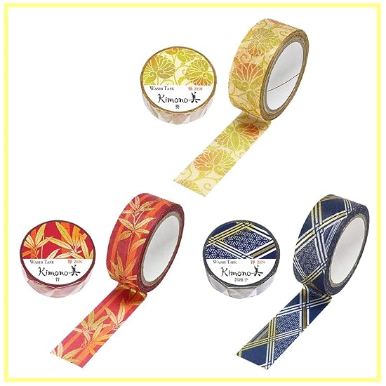 Kamiiso Sansho Made in Japan Washi Masking Tape, kimono-bi 3-roll set (Aoi, Bamboo, Diagonal Lattice