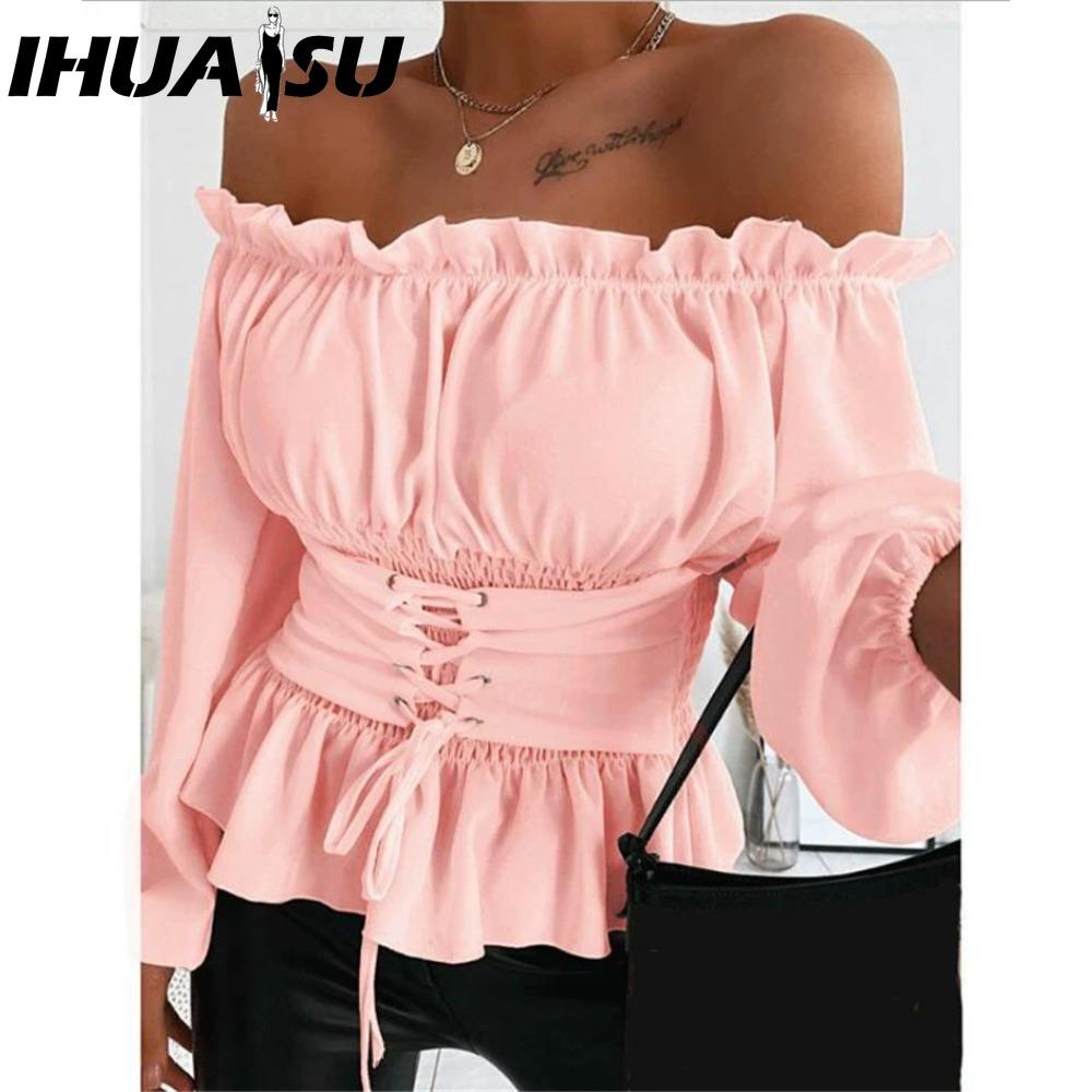 

IHUASU Женская Мода Повседневные Однотонные Блузки и Рубашки с Принтом с Длинным Рукавом XXXL розовый