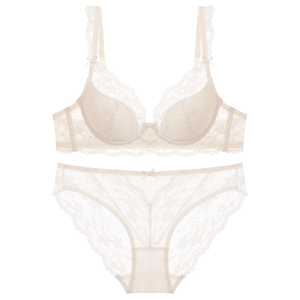 New Women Lace Flowers Embroidery Lingerie Set Sexy Hollow Thin Cup Push Up Bra Summer Comfort Underwear Adjustable Strap Bras