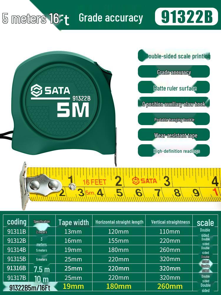 SATA 5-Meter Precision Steel Tape Measure with Durable Case, Available in 2/3/7.5/10 Meters.