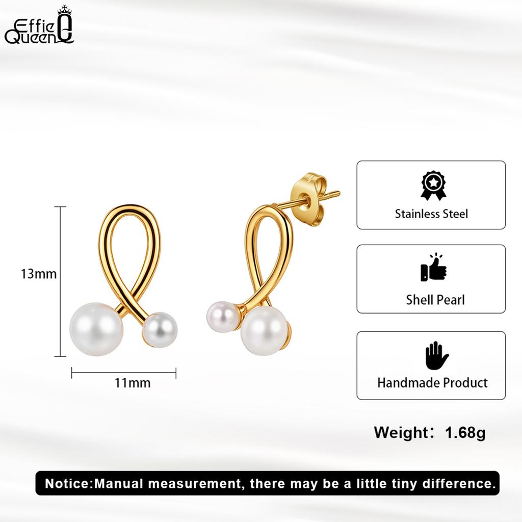 Effie Queen Stainless Steel 18k Gold Pearl Twist Style Stud Earrings Simple Jewelry for Women, Men Wedding Party Banquet STPE02
