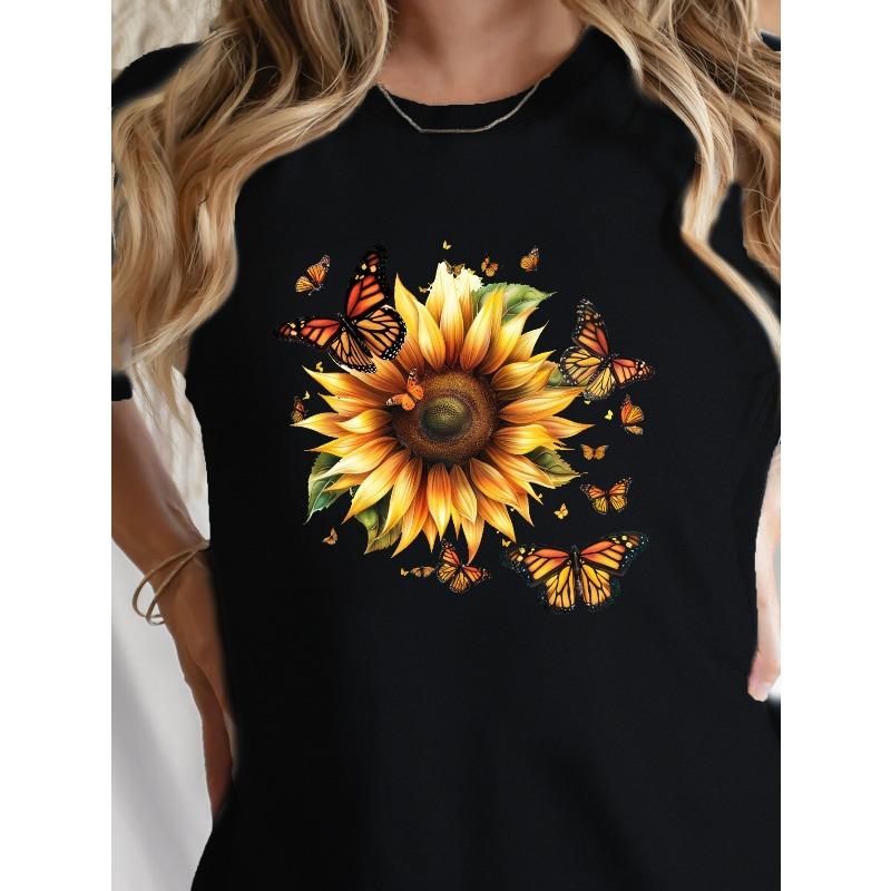European Size Sunflower & Butterfly Print Crew Neck T-shirt, Casual Short Sleeve Top For Spring & Summer, Women's Clothing