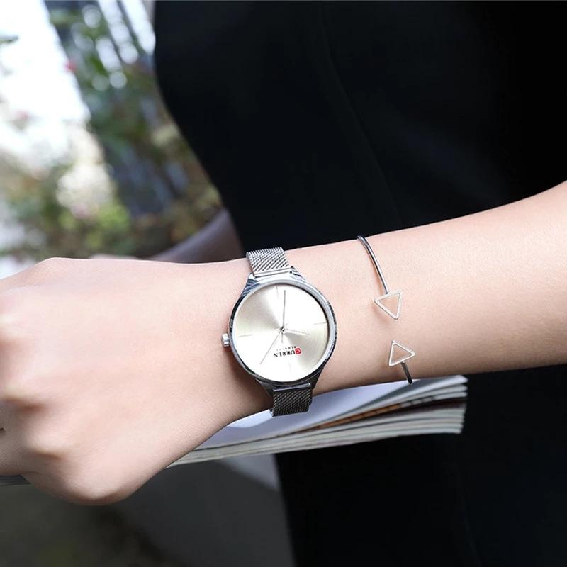 CURREN New Top Women's Watch Casual Quartz Watch Stainless Steel Milan Net Belt Watch