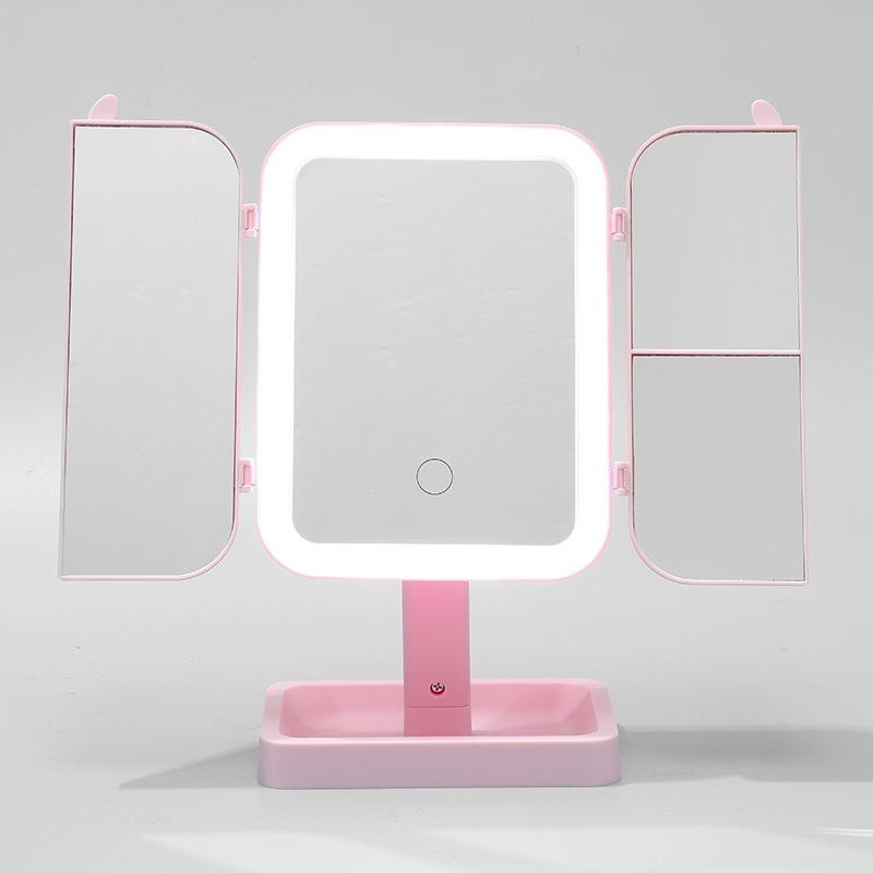 LED-Lit, Double-Sided, Triple-Fold Makeup Mirror with Rotating Desktop Stand and Three-Color Dimming for Girls