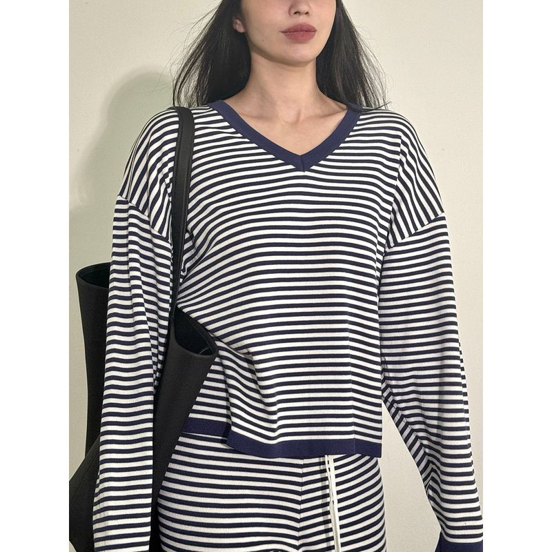 

Mimicarley New French style Stripe Advanced Smooth Wide Slimming Casual Homewear Sports Vacation Set Dark Blue M upper body super big card looks good