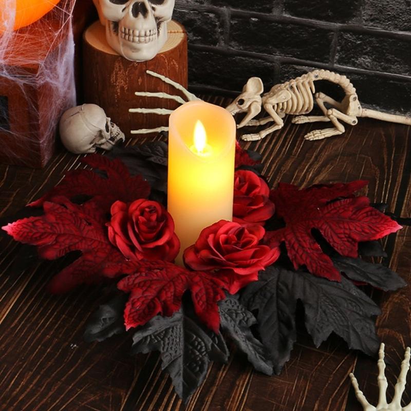 Fall Maple Leaf Candle Wreaths Pack of 5 Tealight Candle Holders Rings for Halloween Parties Table Centerpieces Decors