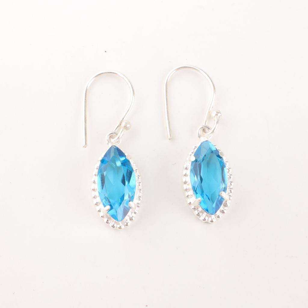 Natural Swiss Blue Topaz Gemstone 925 Fine Silver Jewelry Handmade Earrings 1.4" EE-169-8
