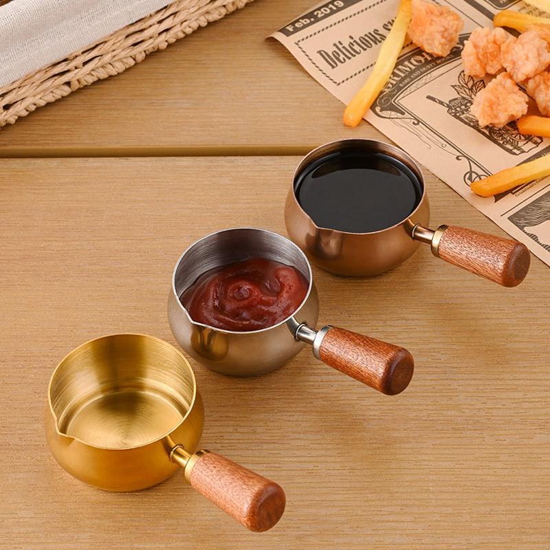 Stainless Steel Sauce Cup Western Sauce Cup Steak Dressing Cup With Wooden Handle Tomato Salad Dipping Saucer Kitchen Tools