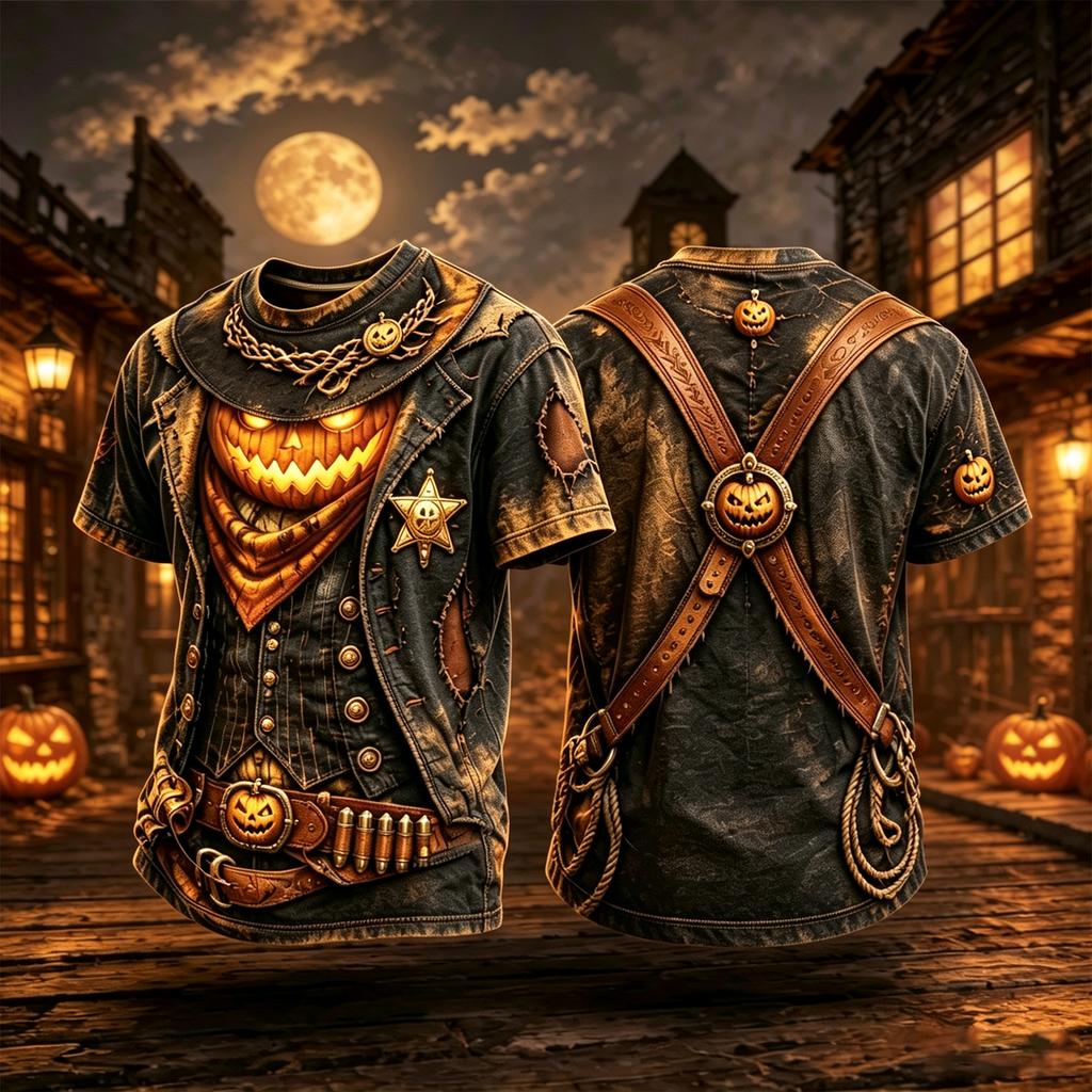 Halloween T-Shirt with Western Sheriff Pumpkin Print - Short Sleeve Casual Tee for Men and Women