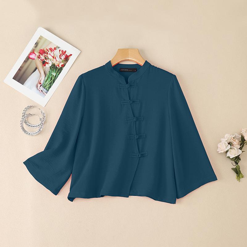 ZANZEA Women Casual Stand Collar Solid Color Loose 3/4 Sleeve Blouse