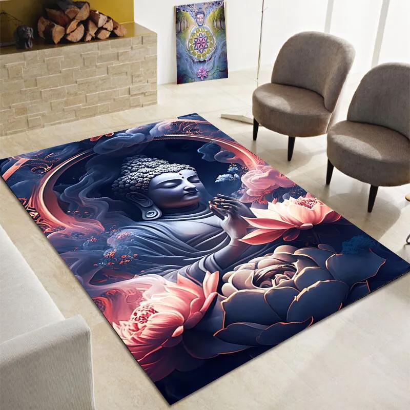 Buddha Teppich, Buddhismus Bereichsteppiche für Schlafzimmer Wohnzimmer Eingangsbereich, Buddha Statue Muster Meditation Bodenmatte Rutschfester Yoga Teppich