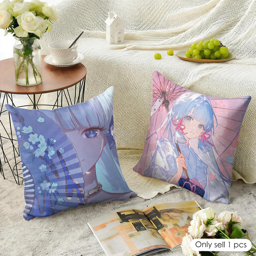 Kamizato Ayaka Genshin Impact Cushion Cover Natural Linen Organic Fabric DoubleSided Printing Sofa Home Decor Gift Pillow Case