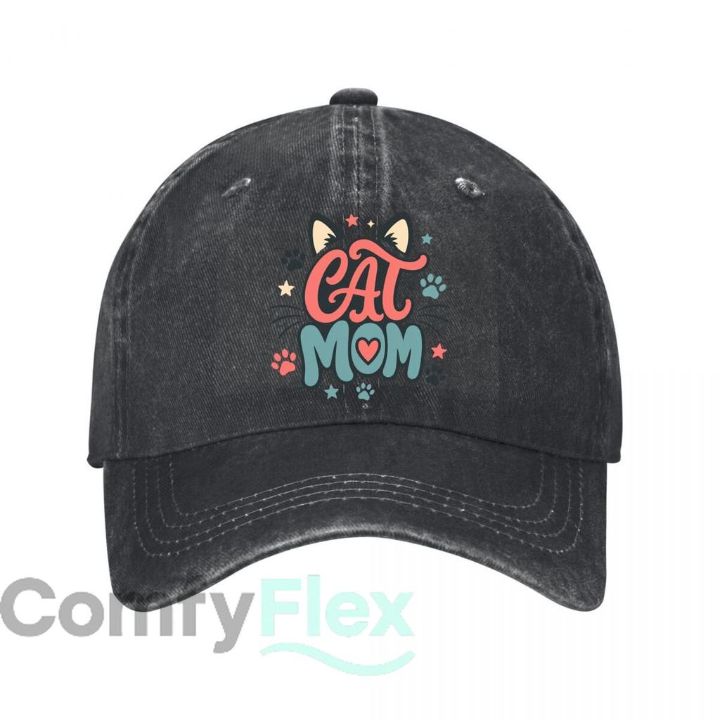 Playful Cat Mom Script Emblem Washed Baseball Cap Outdoor For Womens Unisex FeUnisex Dad Hat