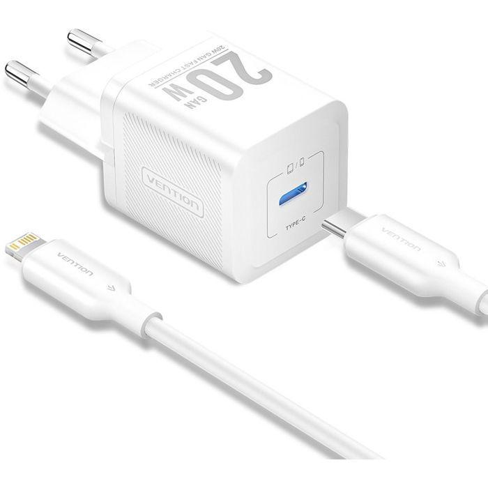 Chargeur Char pour prise UE, Type-C, 20W, GaN, câble USB-C vers Lightning, 1m - Vention (TZ-FEPWW0-EU-02) - Blanc