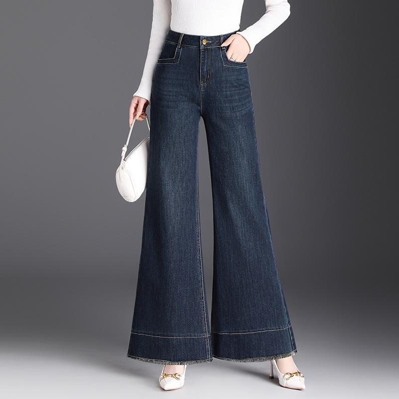 Women's High-Waist Elastic Denim Micro Flare Pants with Raw Hem for Spring/Autumn