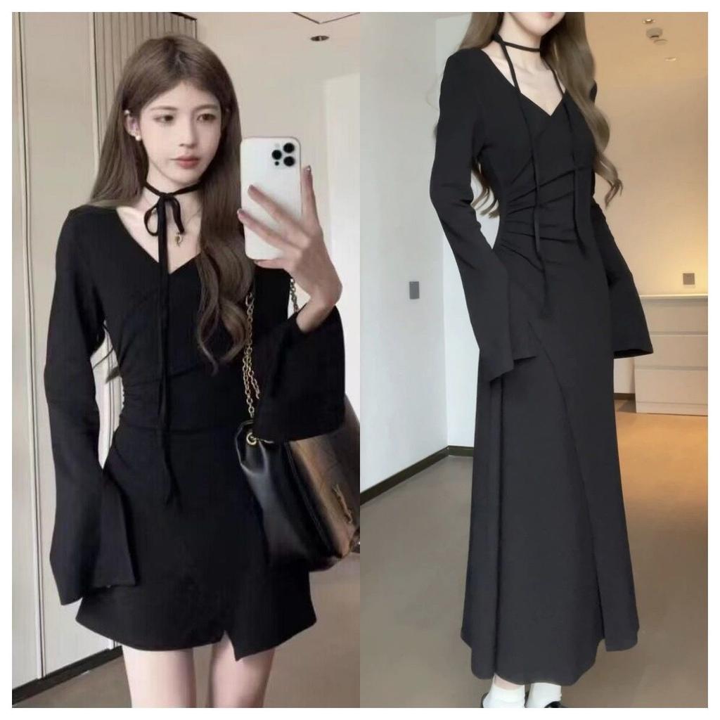 French Gentle Wind Long Sleeve Neck Dress Autumn and Winter New Sense Wear Waist Skinny Medium and Long Dress