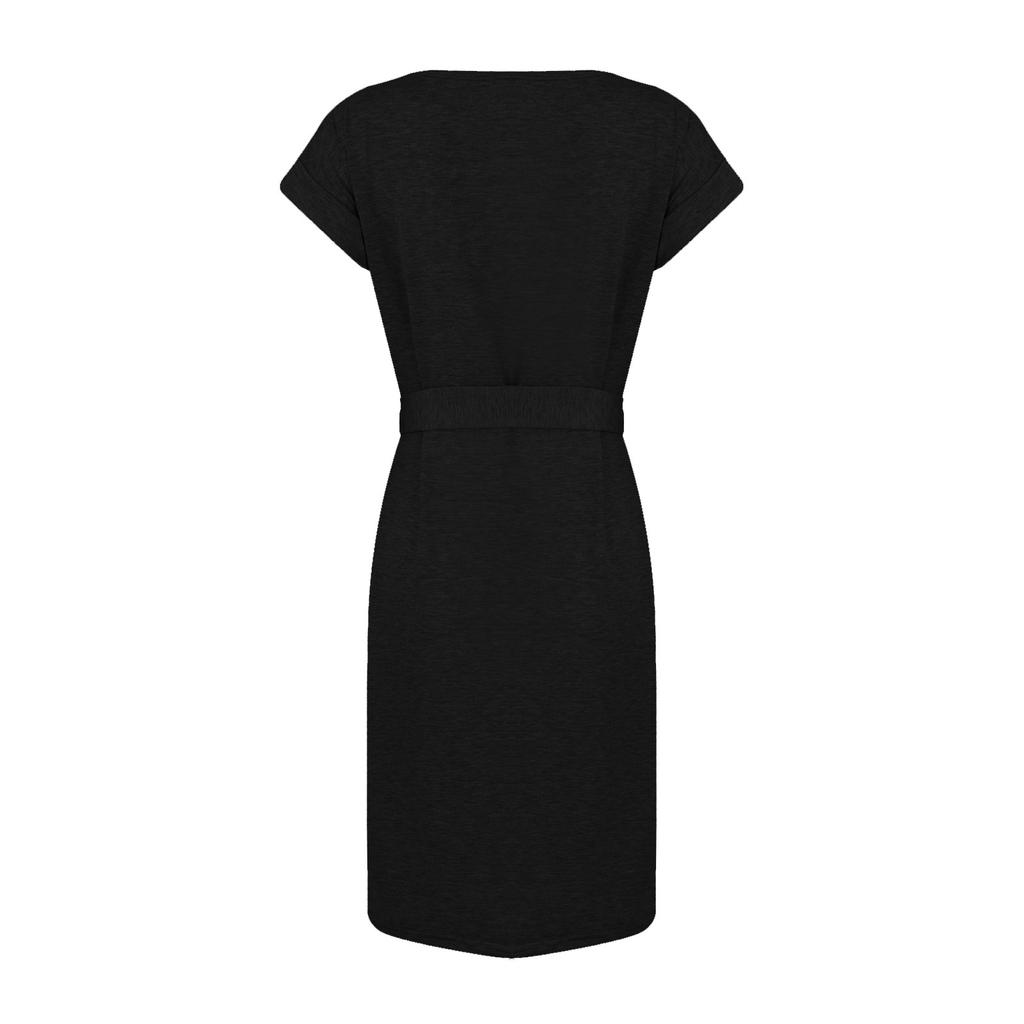 Women's Fashion Summer Color Crewneck Short Sleeve Lace-up Pocket Dress