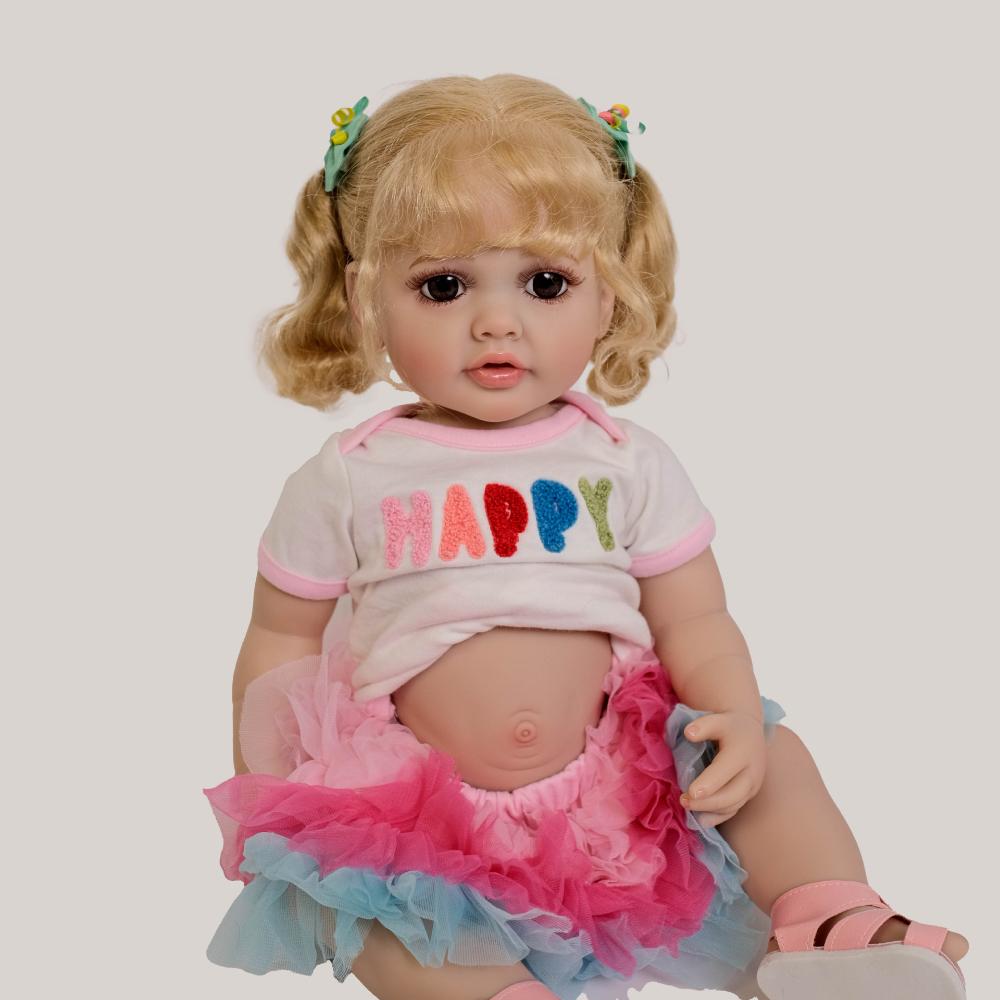 55cm Cute Reborn Dolls Betty Soft Vinyl Full Silicone Body Newborn Babies Doll with Rooted Gold Curly Hair Lifelike Baby Doll Birthday Gifts for Girls