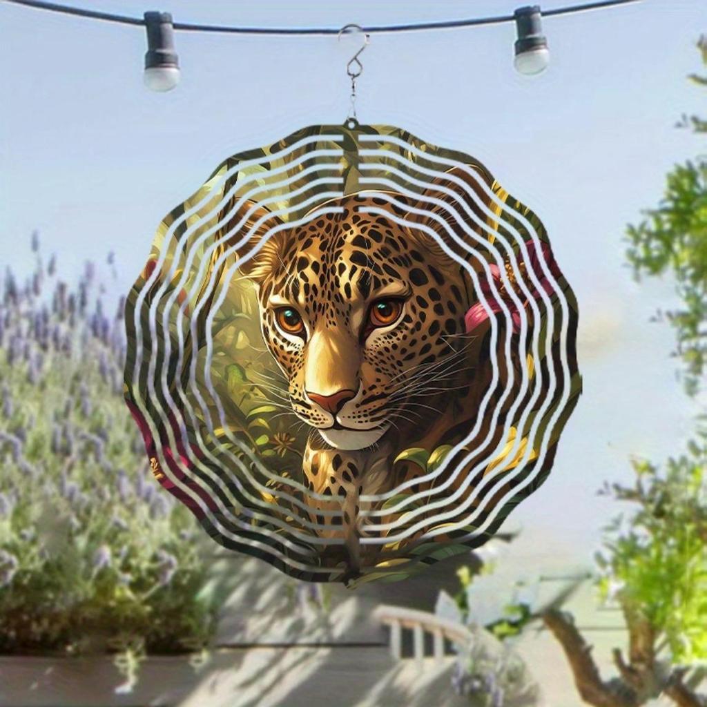 10 Inch Metal Leopard Wind Spinner Outdoor Garden Decor Hanging Wind Chime for Patio Yard 360 Rotating Hook Vibrant