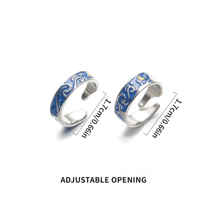 Couple Van Gogh Night Open Rings for Women Men Simple Design Silver Color Lovers Blue Starry Sky Ring Party Jewelry Gifts